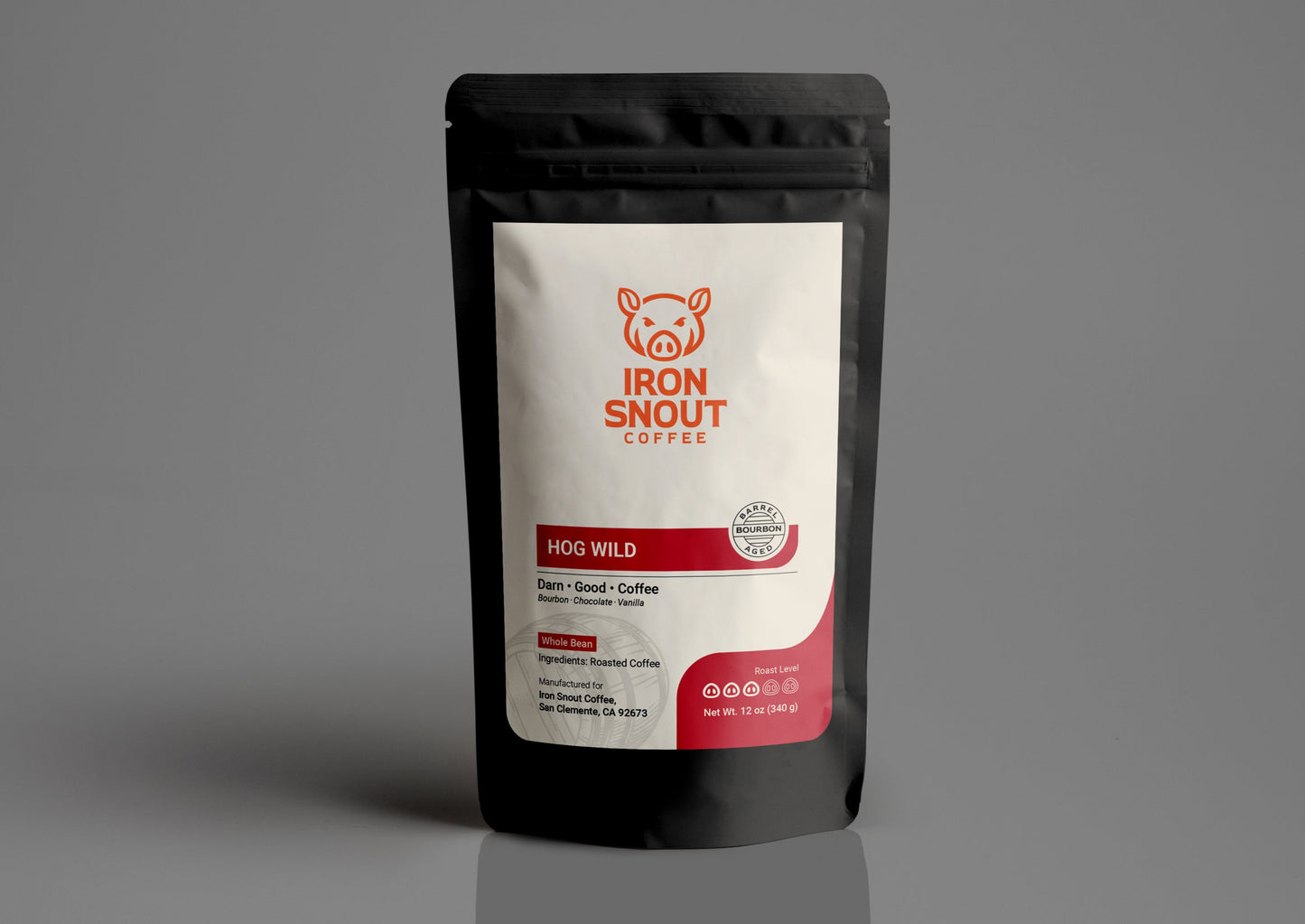 The "Iron Snout Coffee" bag is black and white, showcasing a pig logo and the "Hog Wild" blend name on a gray background.