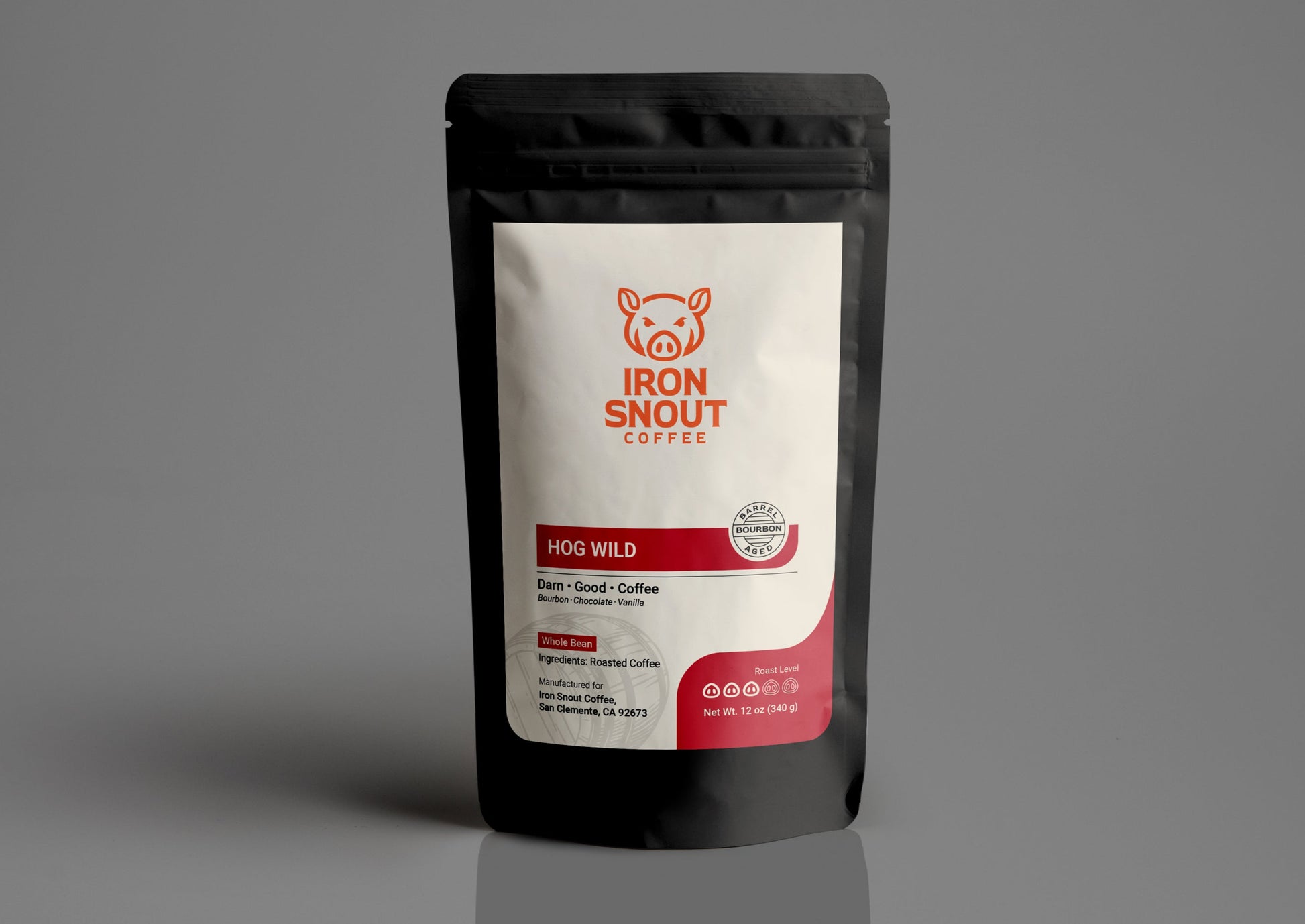 The "Iron Snout Coffee" bag is black and white, showcasing a pig logo and the "Hog Wild" blend name on a gray background.
