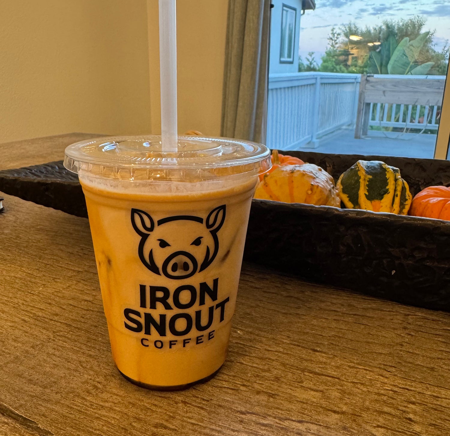 Iron Snout Coffee featuring whipped cream and a dusting of cinnamon on top.